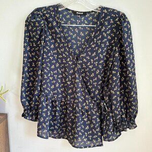 Madewell navy blue floral print wrap top with a tie waist and v-neck XXS